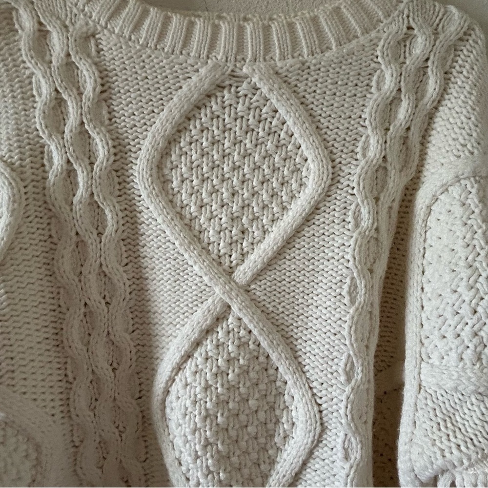 Line + Dot Women’s Knit Sweater XS off white Chunky Fringe Oversized Cottagecore - Picture 6 of 15